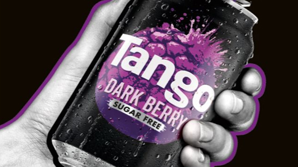 An image of a hand holding a purple can of tango